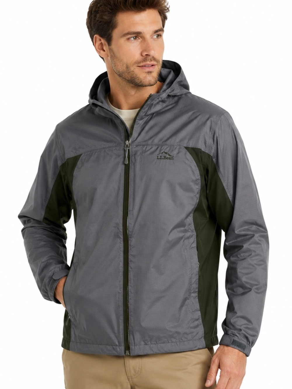 L.L. Bean Men's Waterproof Hooded Rain Jacket Gray Green Size XL